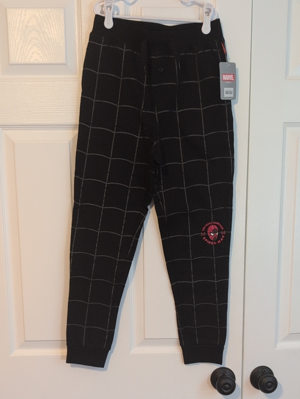 Marvel Black Jogger Sweatpants with Gray Spiderweb Grid and Spider-Man Logo NWT